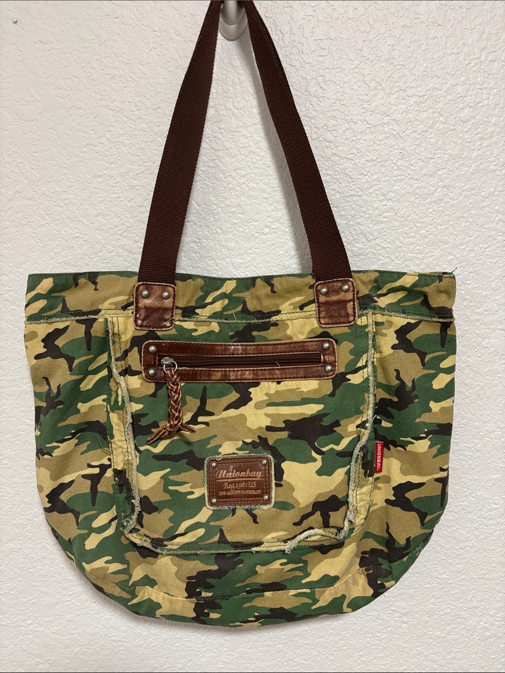 UNIONBAY Green and Tan Camo Canvas Tote with Brown Accents